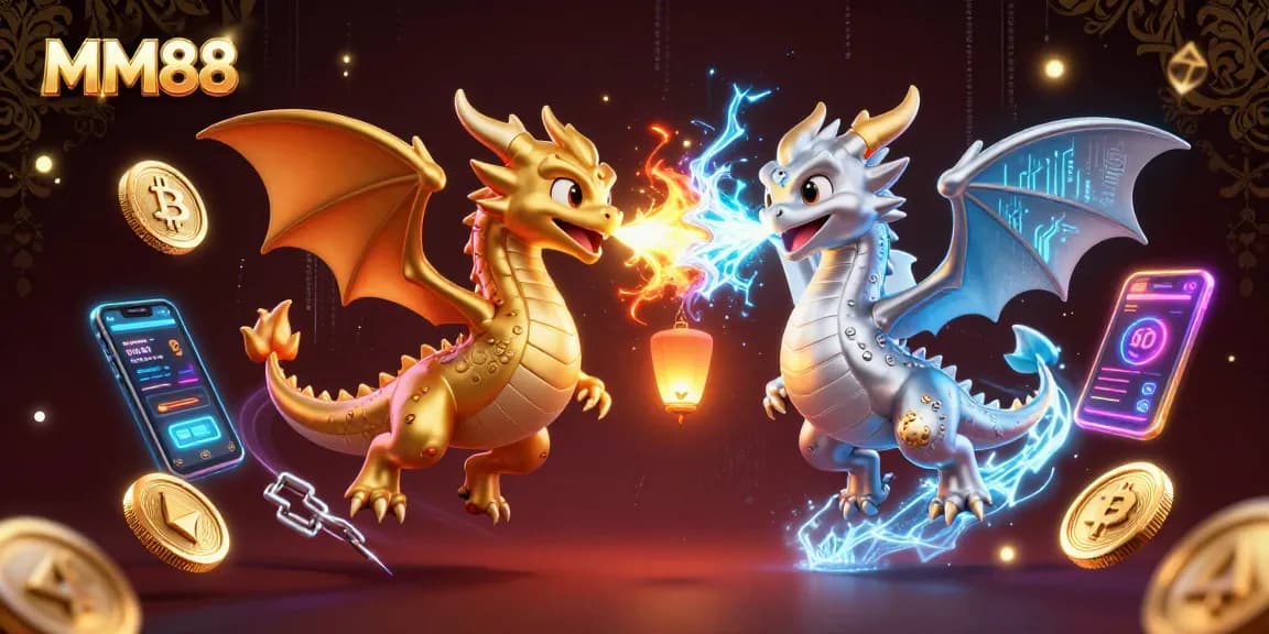 Engage in winning strategies at MM88 with spectacular dragon-themed 3D casino illustration.
