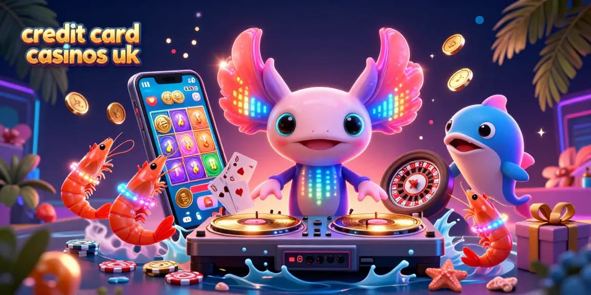 Engage with top credit card casinos UK through vibrant gaming action featuring axolotl DJ and friends.