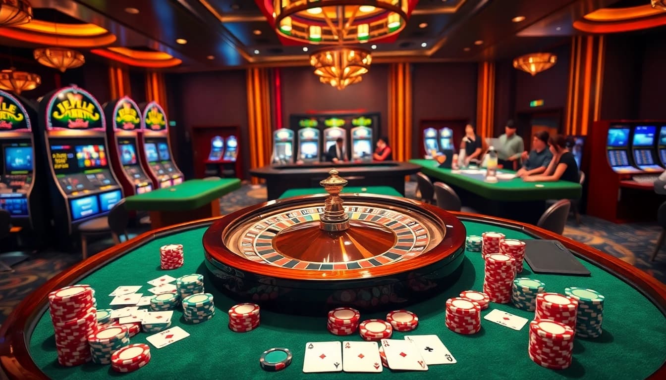 A vibrant casino table showcasing tỷ lệ nhà cái with roulette, poker chips, and cards for an exciting gambling experience.