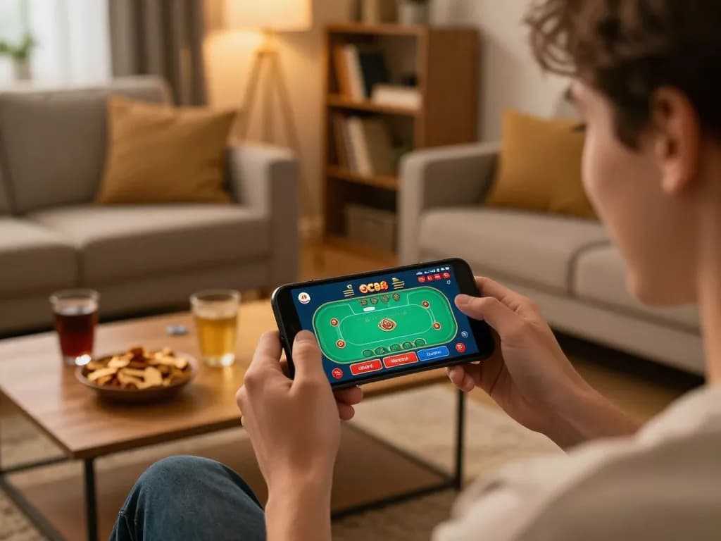 Player enjoying SC88 mobile app in cozy home setting, engaging with exciting casino games.