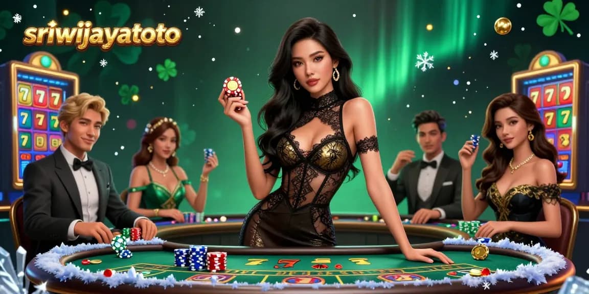 Sriwijayatoto showcases a glamorous scene of baccarat with beautiful characters and vibrant slot reels.