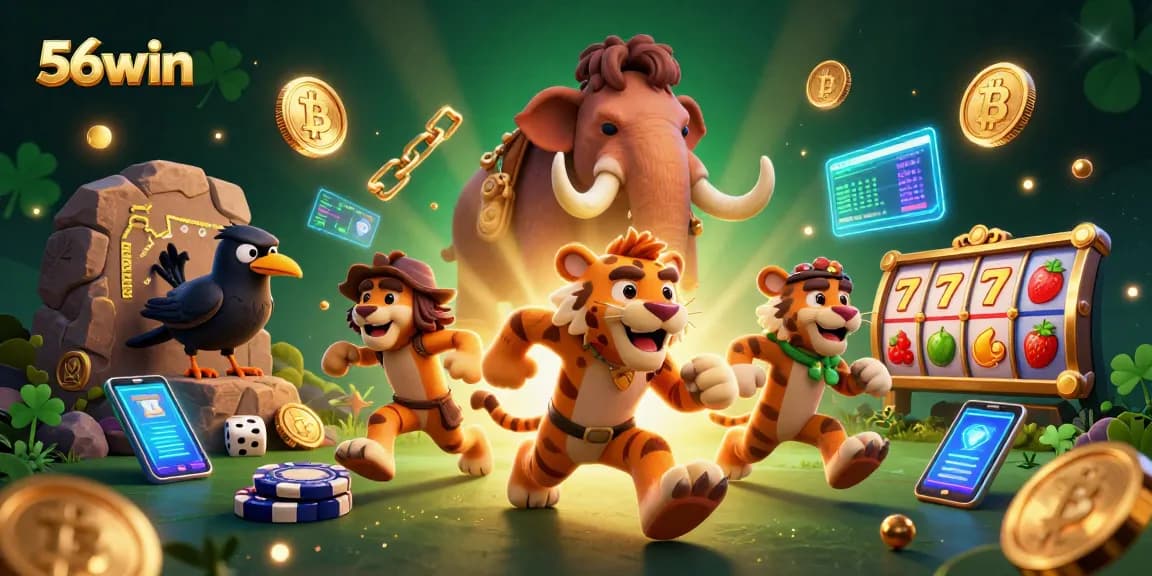 Experience the action at 56win with a vibrant prehistoric casino scene featuring dynamic game elements.