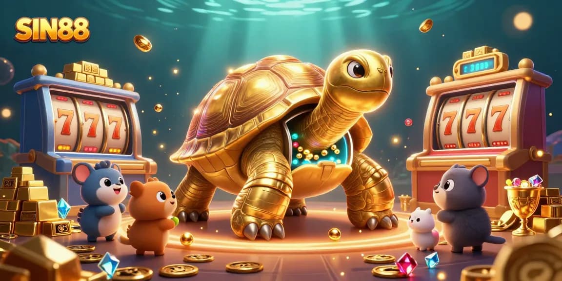 SIN88 showcases an exciting digital casino with a colossal tortoise pinball machine and vibrant slot elements.