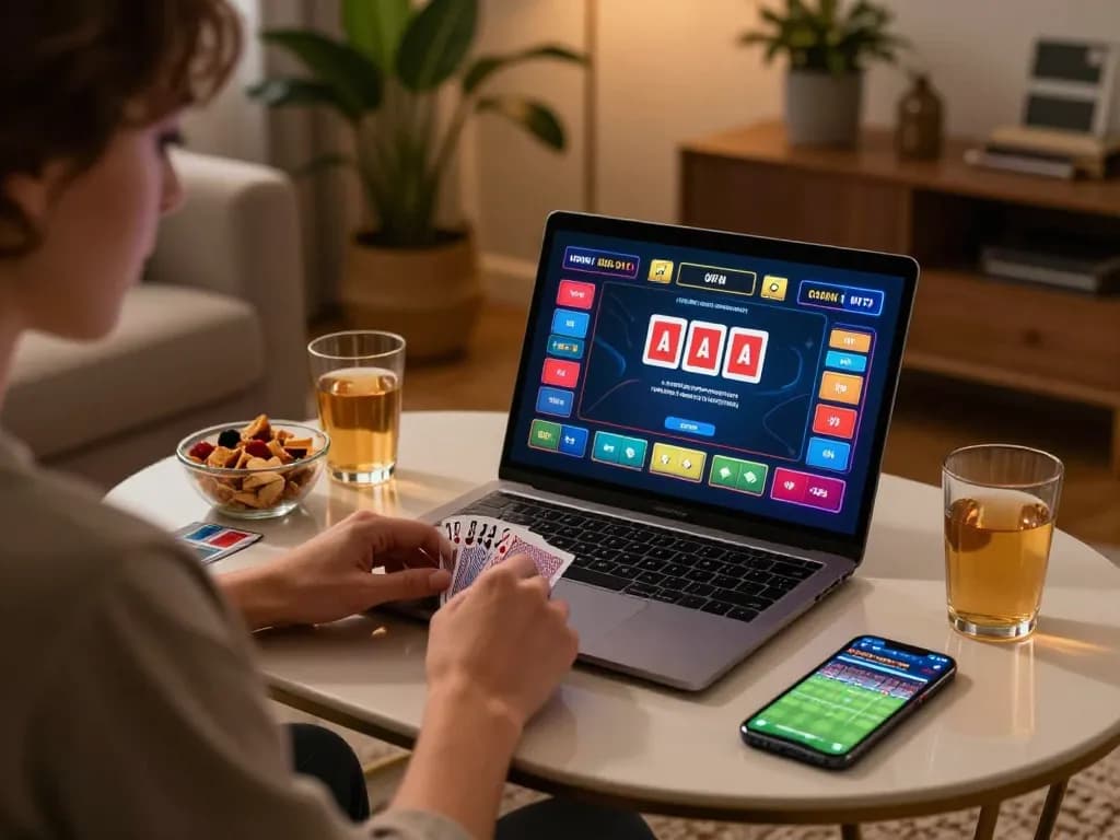 Dola789 user engaging in online gaming with a laptop, surrounded by snacks and drinks for a cozy experience