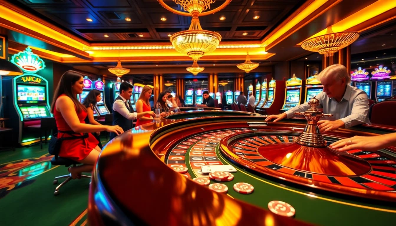 A thrilling gambling scene at https://mtr888.com/ featuring players at a roulette table and vibrant slot machines.
