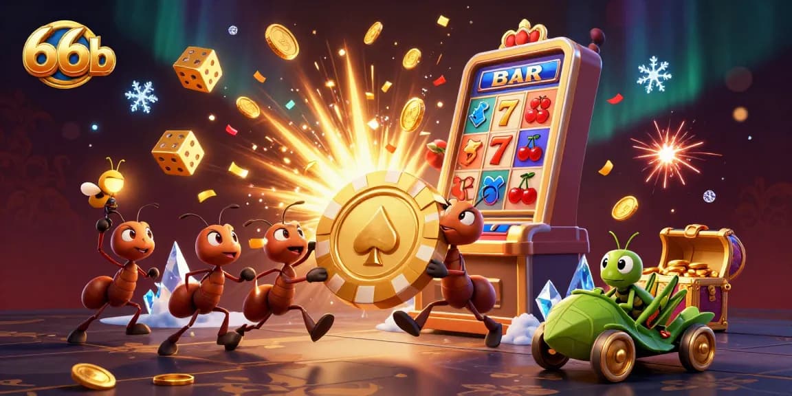 66b ants orchestrating a heist with a golden poker chip amid exploding casino rewards.