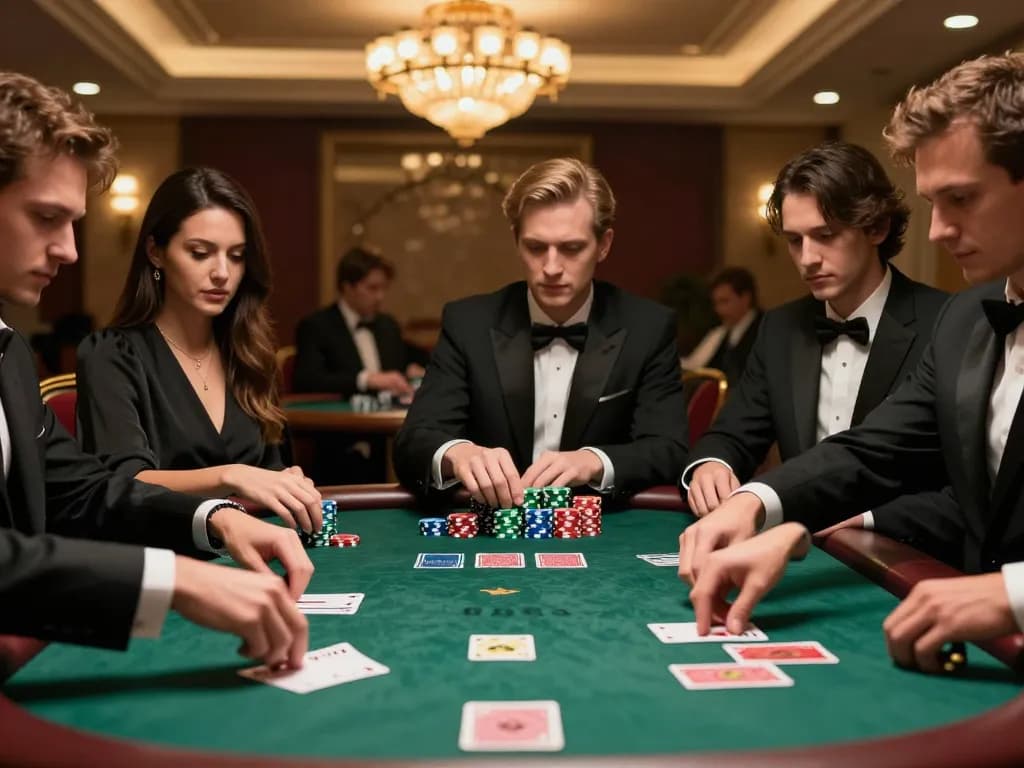 Strategic poker gameplay at 789BET casino with players analyzing hands in an upscale setting.