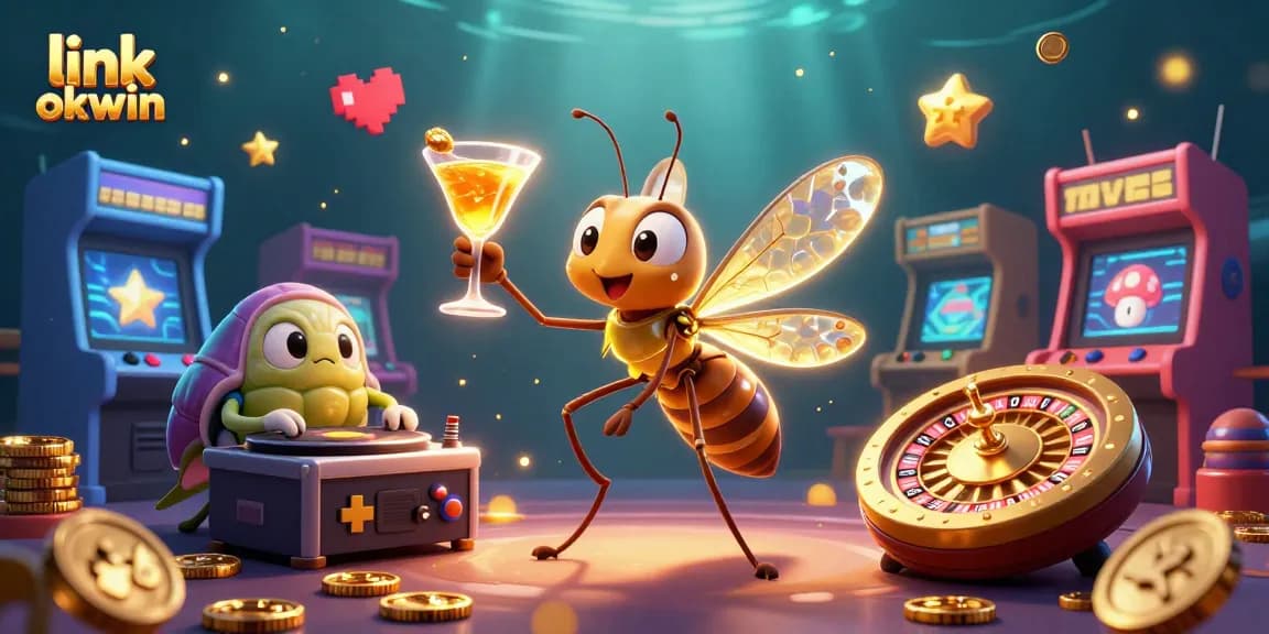 Engage in gaming excitement with link okwin, featuring a lively scene of a casino mascot and a trilobite DJ.