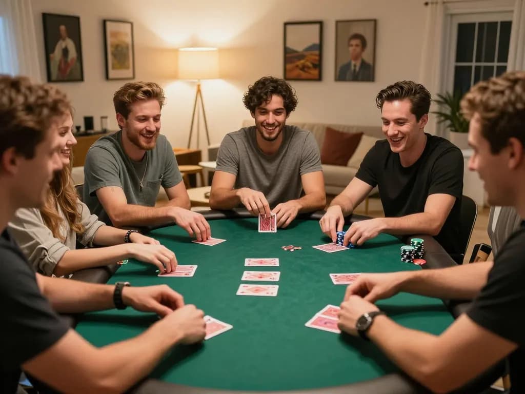 Players engaged in a friendly poker game at home, showcasing nhà cái 98win entertainment vibe.