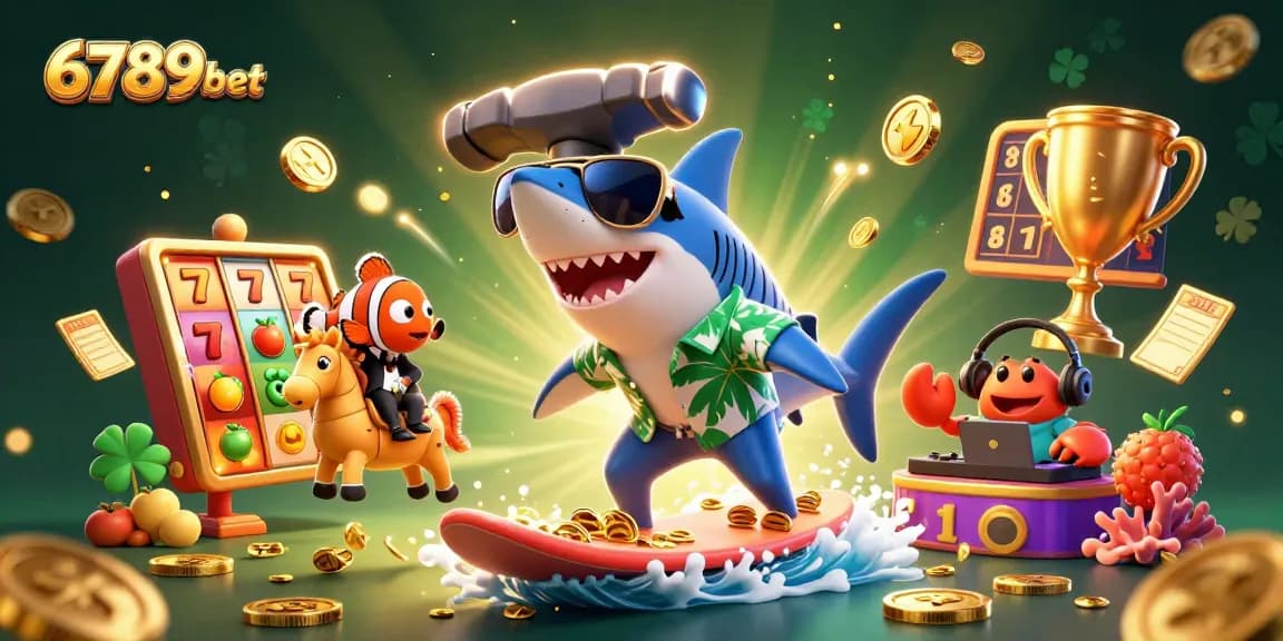 Join the fun at 6789bet with a vibrant, colorful illustration of casino action featuring slot reels and lucky symbols.
