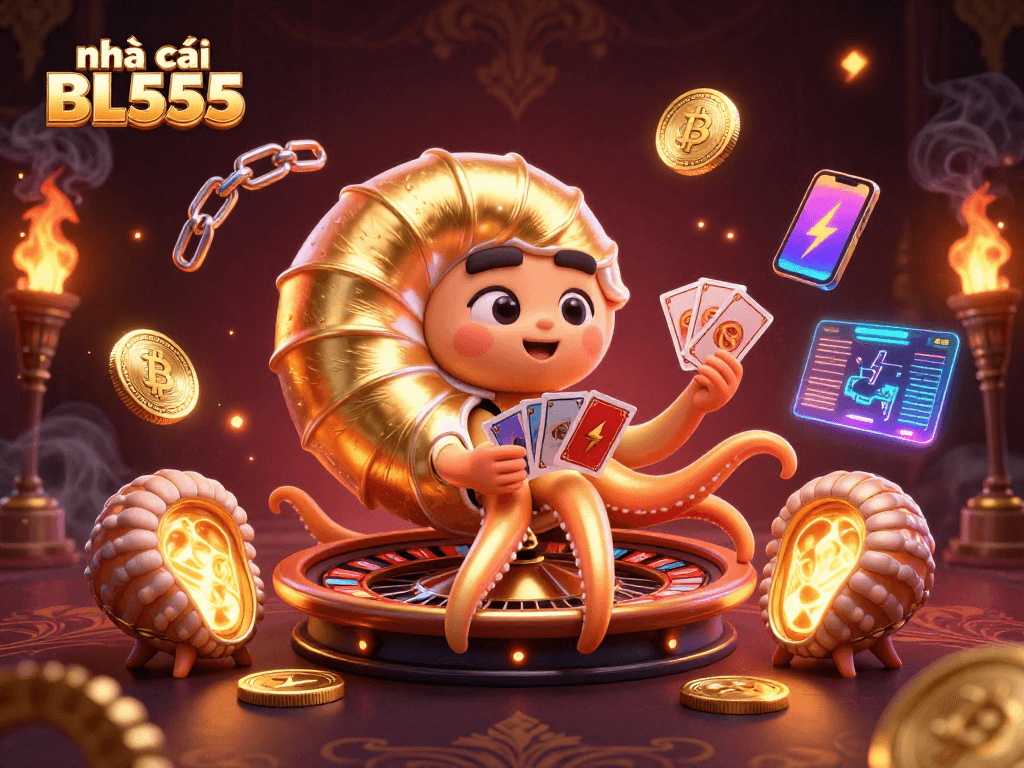 Experience the excitement at nhà cái BL555 with a vibrant casino scene featuring a giant nautilus and glowing coins.