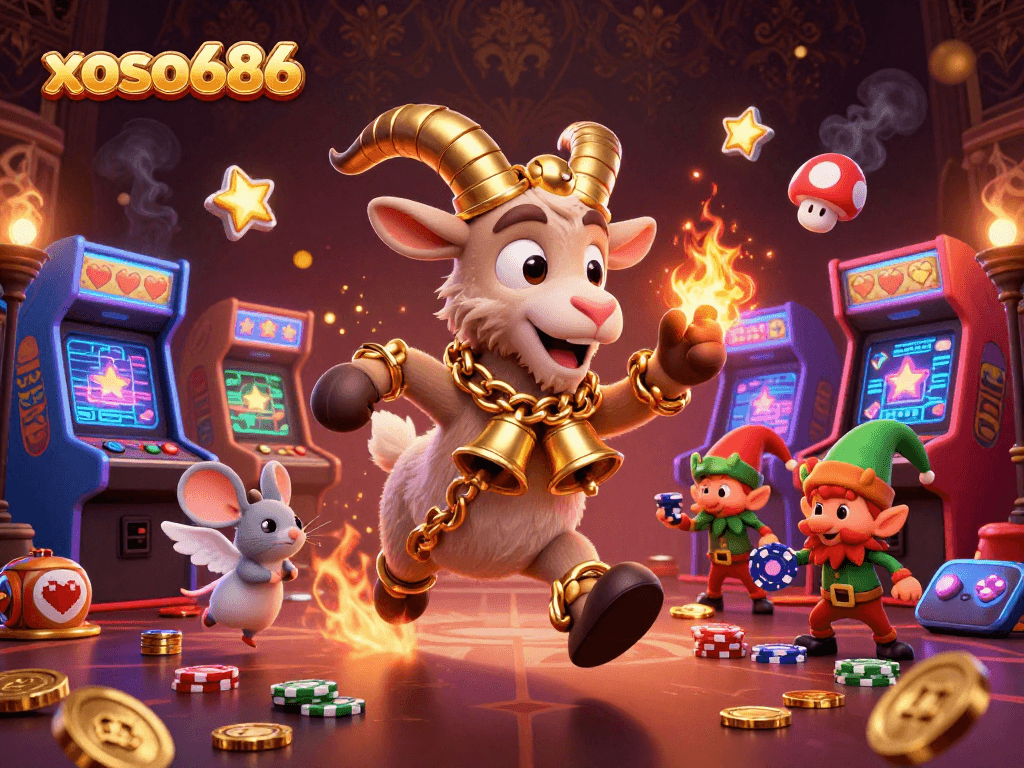Experience thrilling gameplay at xoso686 casino with Krampus and festive characters in a bustling scene.