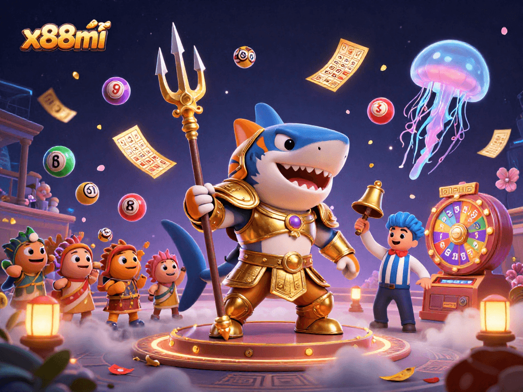 x88mi lottery scene featuring a tiger shark, colorful balls, and a lively underwater colosseum.