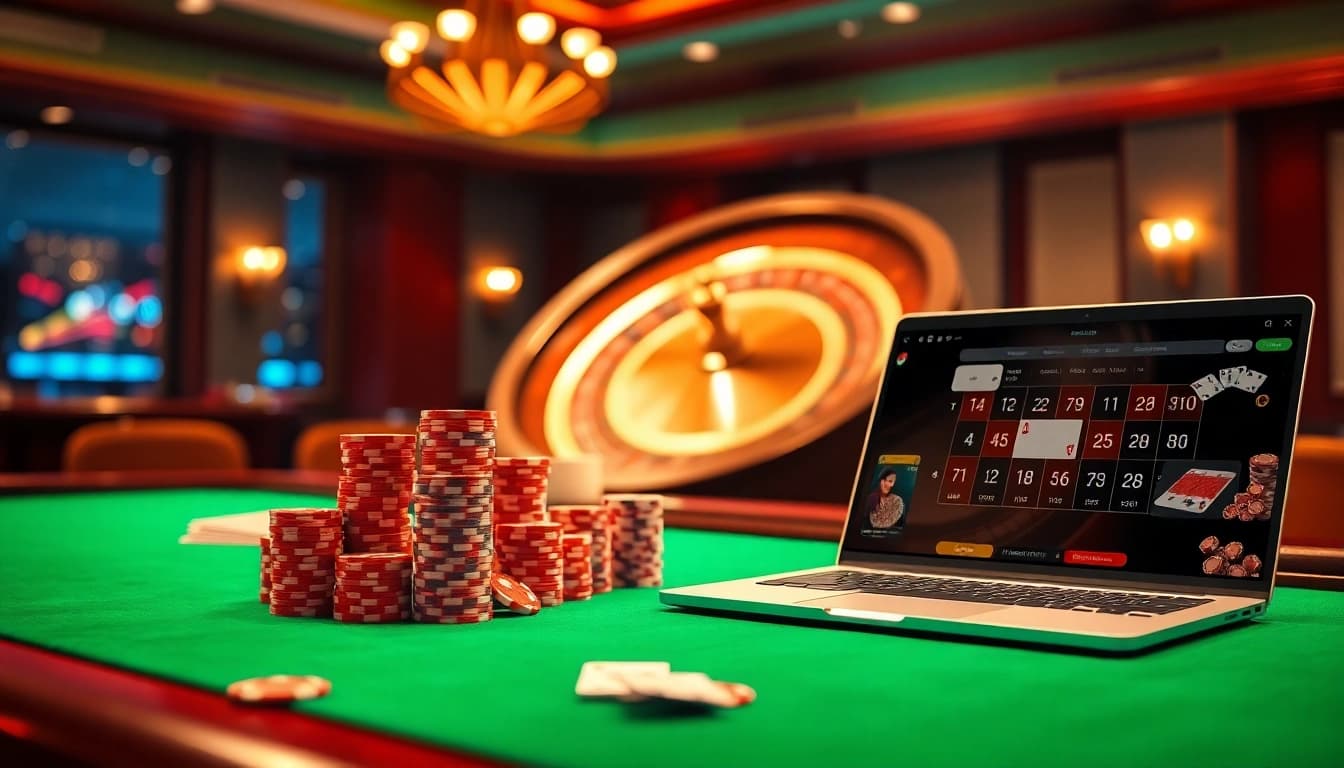 Engage in immersive gameplay at https://xx88.lol/ featuring vibrant poker chips and a roulette wheel.