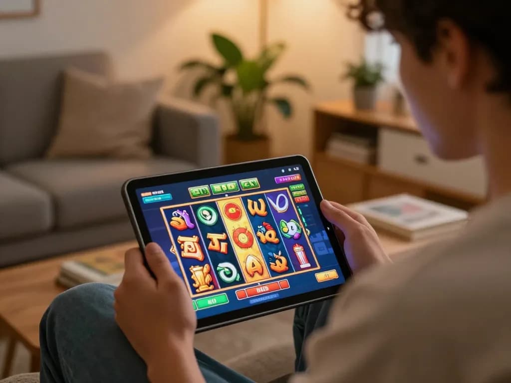Player enjoying an engaging slot game on a tablet at home, showcasing the 68gamebaivn experience