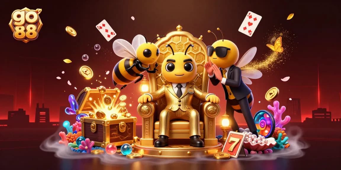 Experience the thrill of go 88 with a vibrant 3D illustration of casino elements, treasure, and excitement.