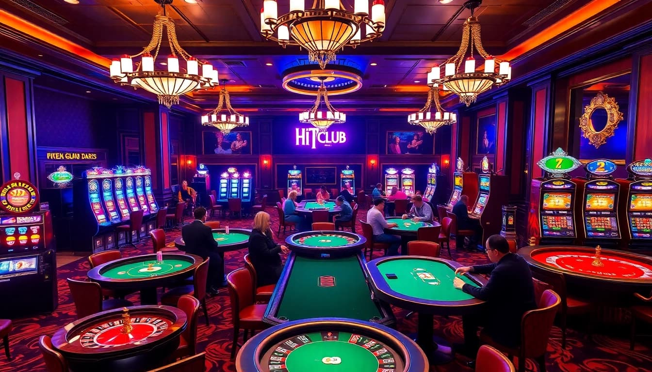 Experience the thrill of the Hit Club with vibrant poker tables and slot machines.
