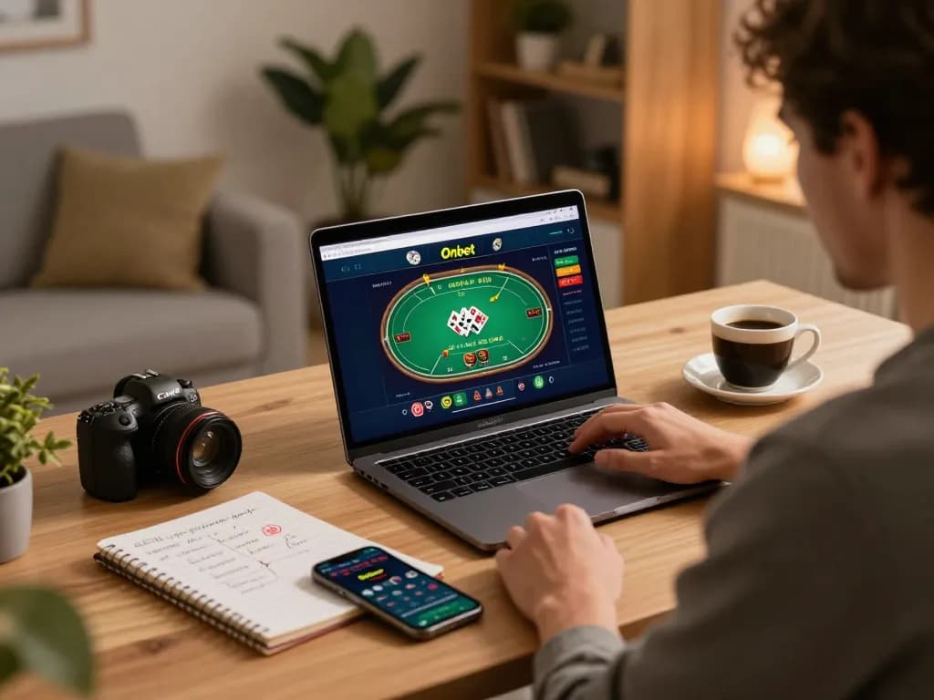 Play online poker on the Onbet platform in a cozy home office setup.