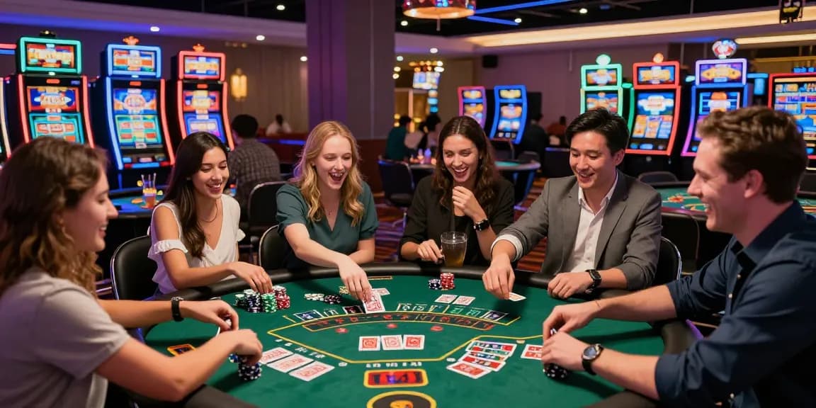 Group celebrating a win at au88 blackjack table in a vibrant casino.