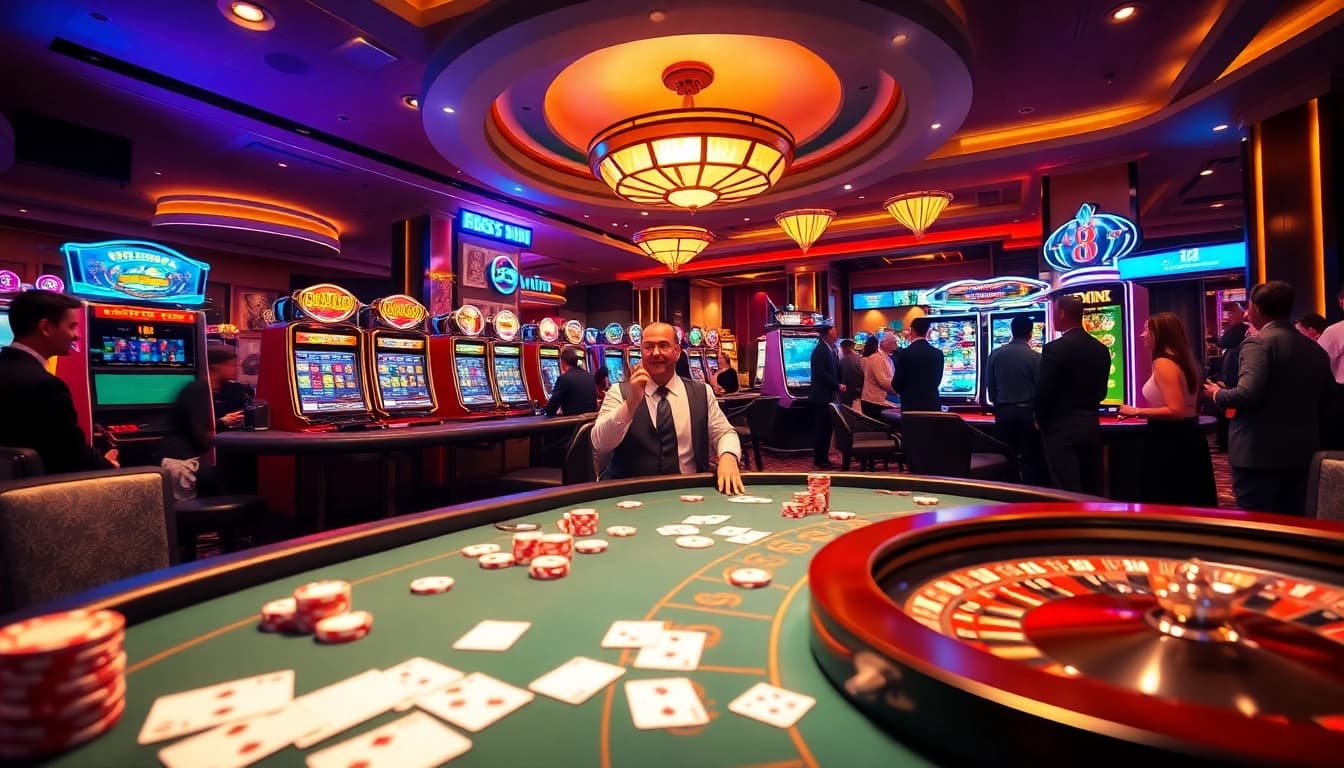 Experience the thrill at 23win's casino with vibrant slot machines and an engaging poker table.