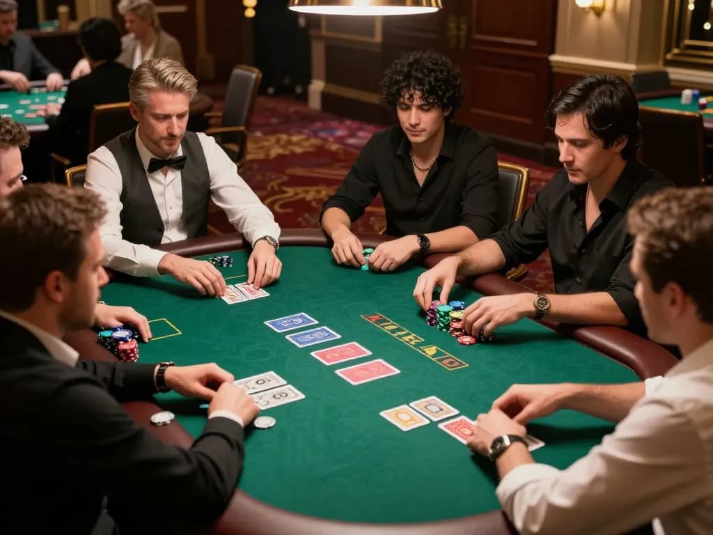 fly888 players strategizing at a thrilling poker table in a luxurious casino setting.