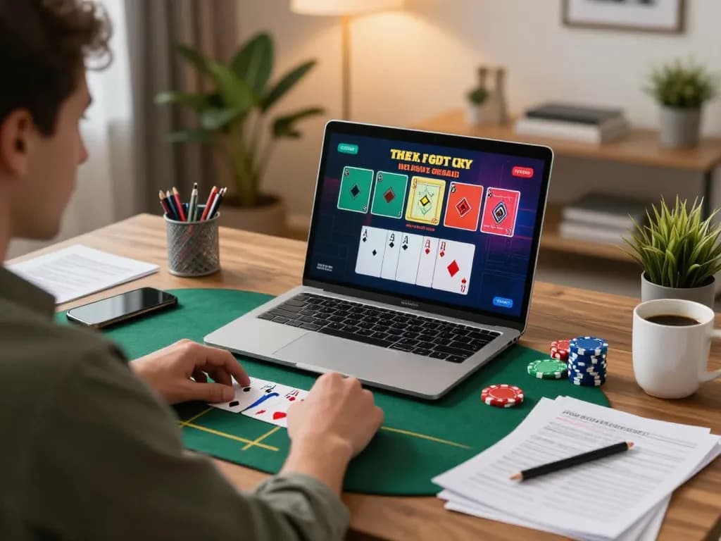 Player using vb88 online poker app on laptop with betting strategy notes.