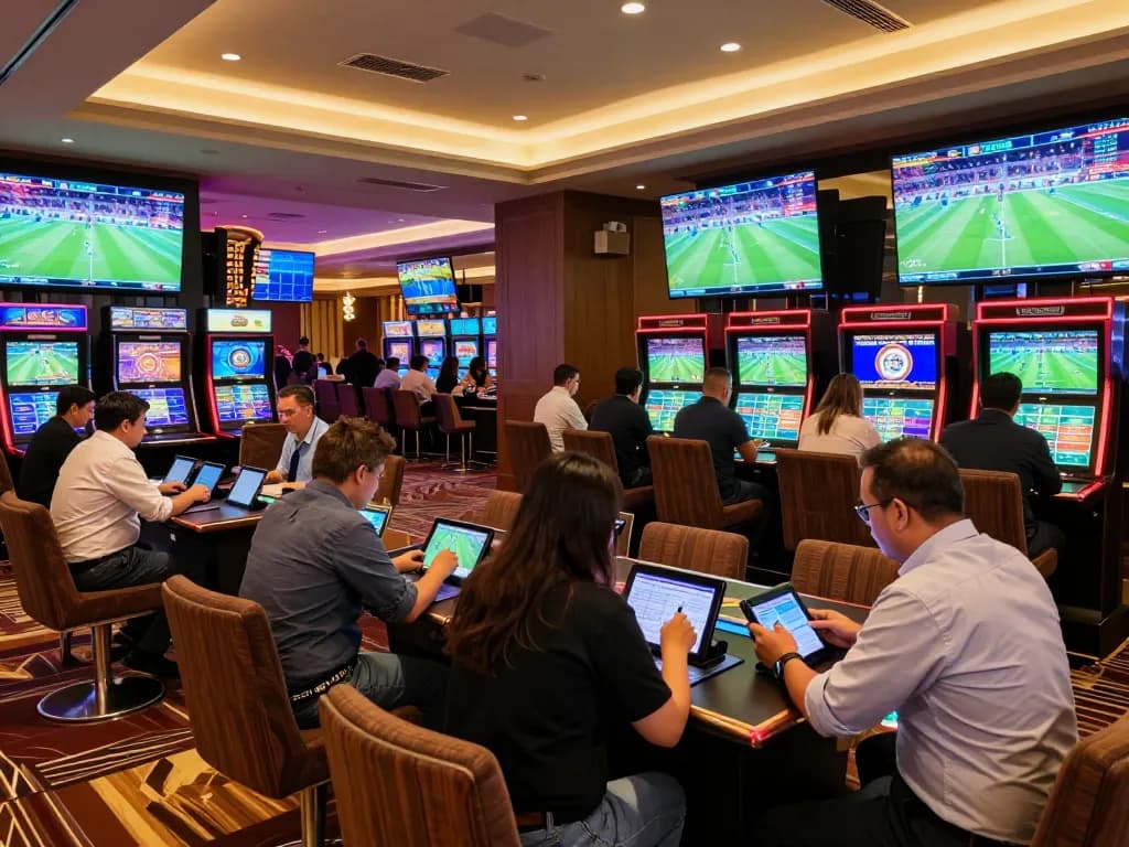 Engaged bettors using mobile devices for five88 sports betting in a vibrant casino.
