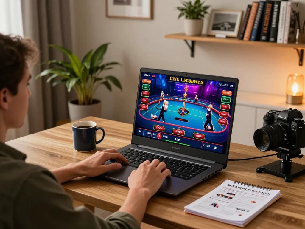 Person enjoying online gaming at home using the qh88go platform with vibrant live dealer graphics