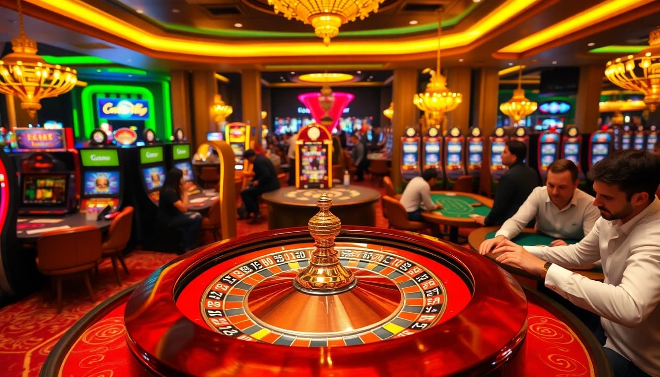 https://tr88.autos/ Casino scene with excited players at roulette and slot machines