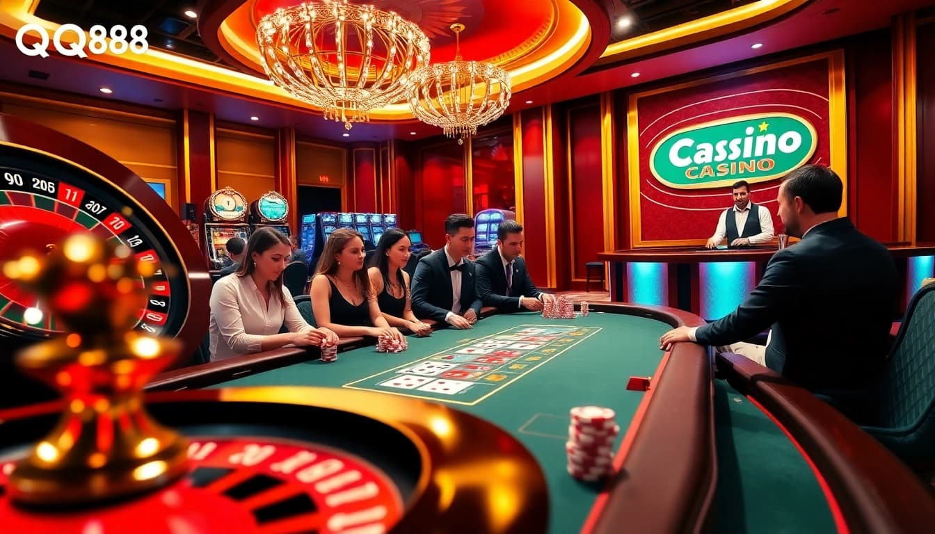 Players enjoying a thrilling game at QQ88 online casino with vibrant tables and slot machines.