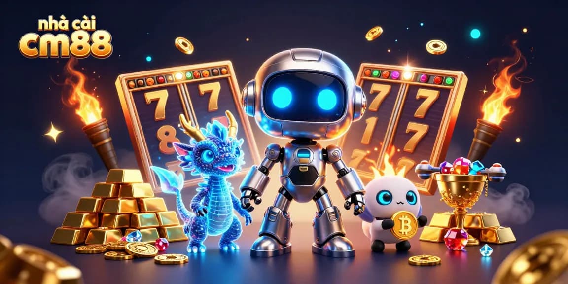 Engage with nhà cái cm88, featuring vibrant gaming elements, neon characters, and dazzling jewels in an immersive casino scene.