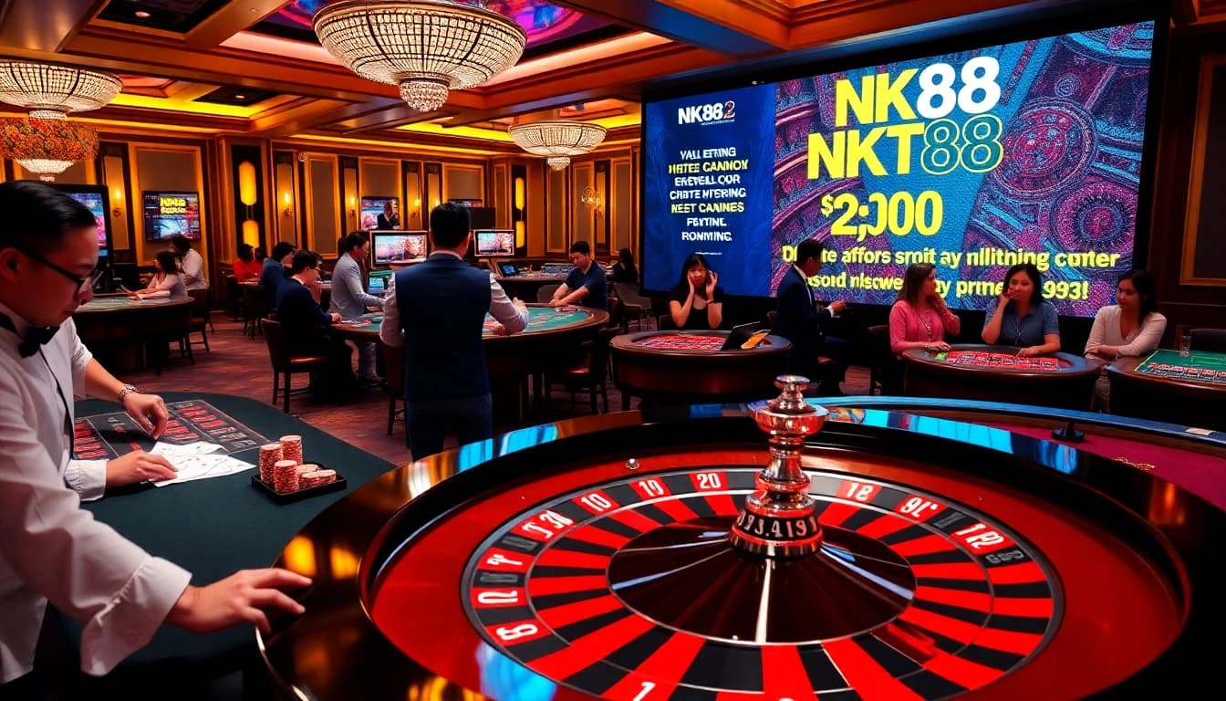 Action-packed gaming scene showcasing NK88 casino with roulette and players enjoying vibrant table games.