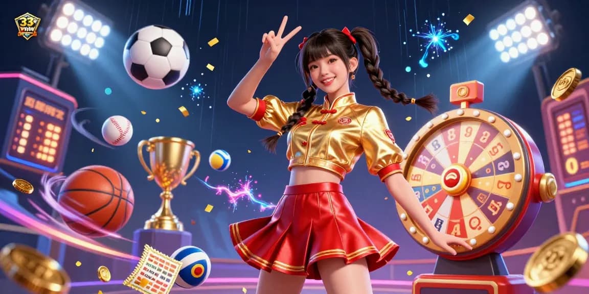 Experience the vibrant atmosphere of 33WIN with interactive lottery balls and a colorful prize wheel in a bustling casino.
