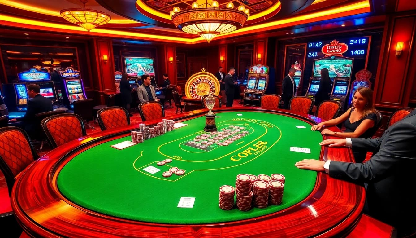 Experience the excitement of open88 with vibrant gambling visuals showcasing poker, slots, and roulette.