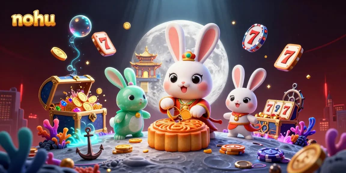 Nohu players celebrate with golden mooncakes revealing poker chips in a vibrant online casino scene.