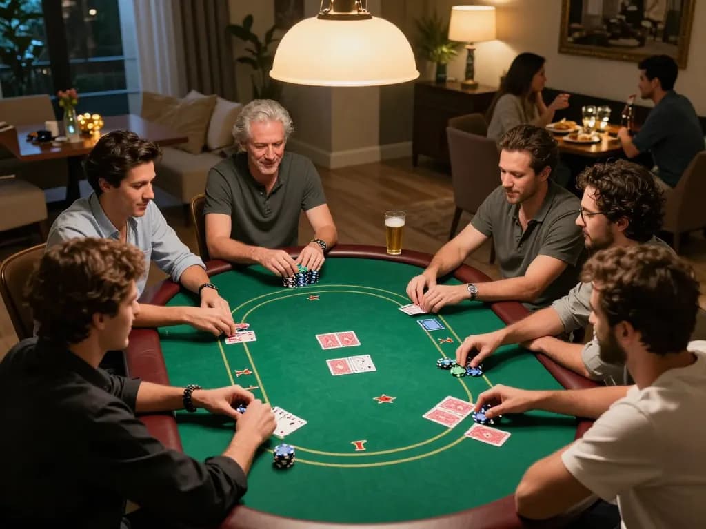 A friendly poker game night at home showcasing players engaged in Texas Hold'em, emphasizing the lively atmosphere of gambling with 28bet8io.