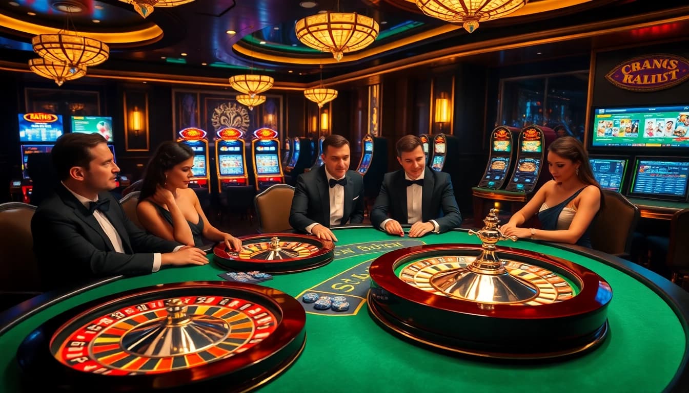 Experience the thrill of 8kbet at a lavish casino with poker tables and vibrant slot machines.