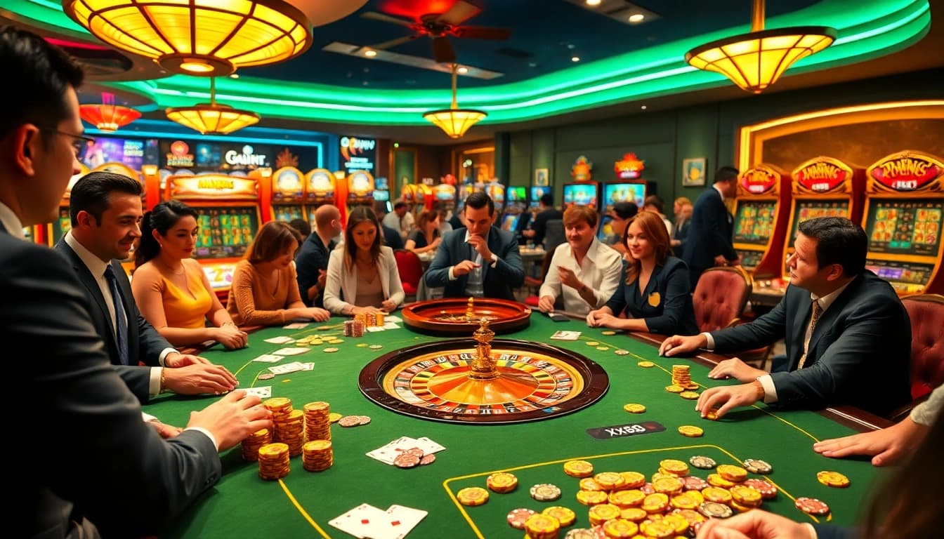 Players enjoying a thrilling casino experience at xx88, with vibrant tables, cards, and roulette wheels.