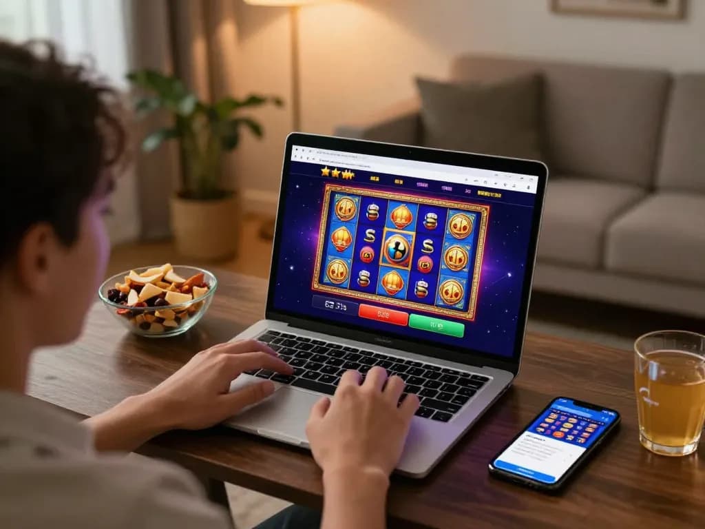 Player enjoying an online slot game on trang chủ fly88 with cozy home setup, focusing on responsible entertainment and fun.