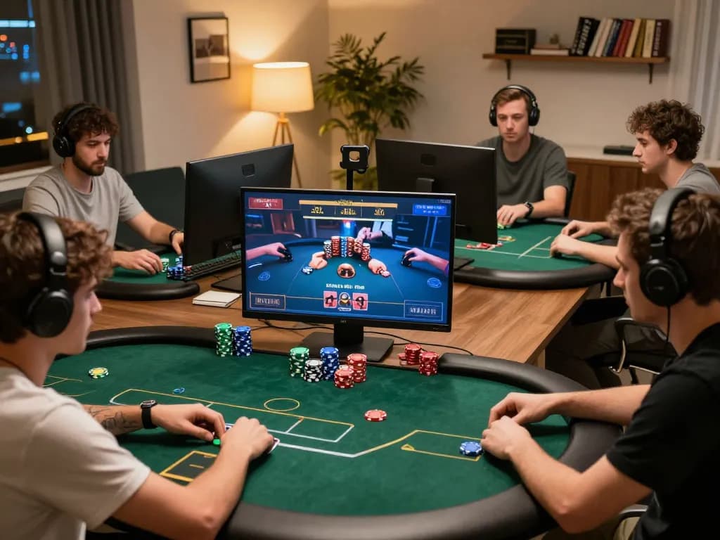 lc88 players strategizing in an online poker session, showcasing focused gameplay and vibrant home office
