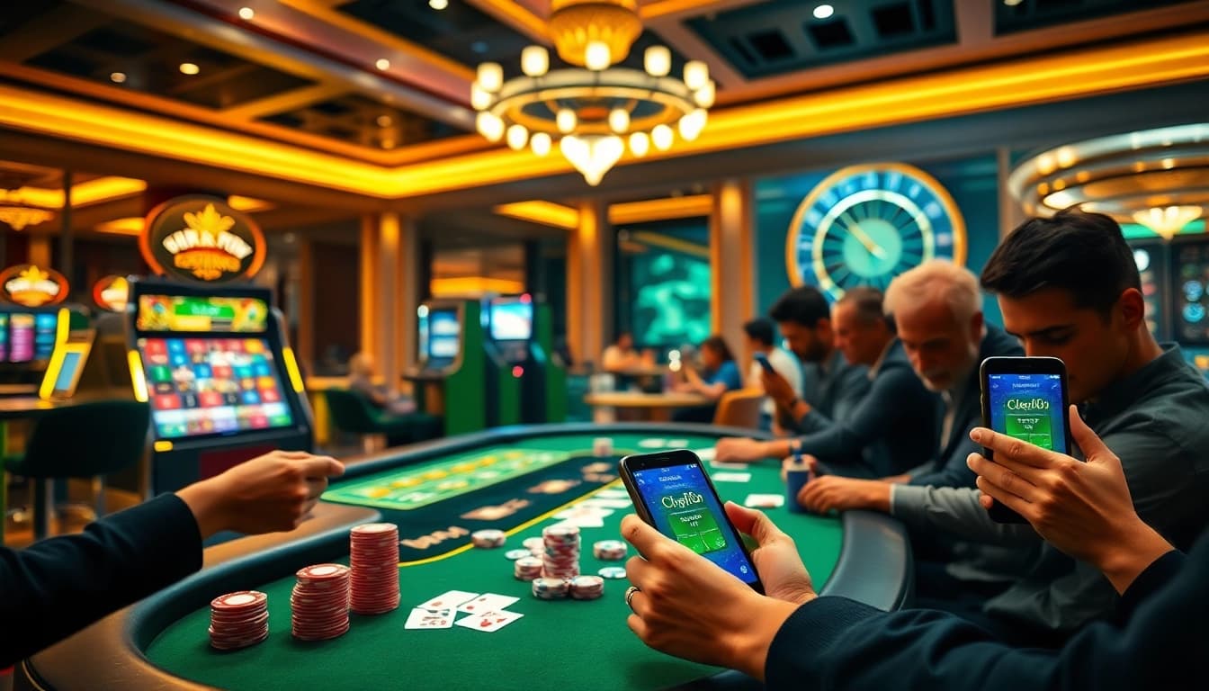 Engaged players using the okfun app at a stylish casino, featuring poker tables and slot machines.