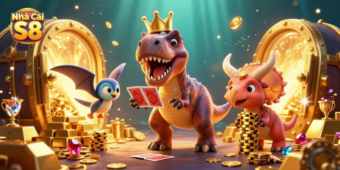 Engage with Nhà Cái S8 in a vibrant casino scene featuring playful characters and exciting gaming elements.