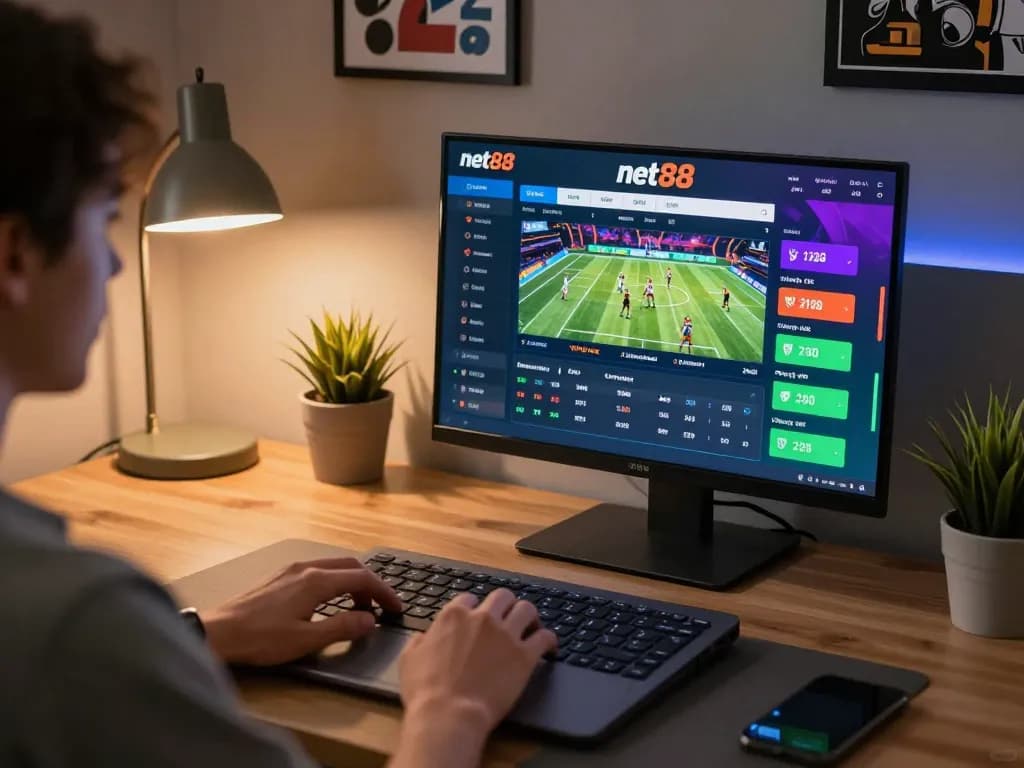 Placing bets on net88 with live odds displayed on a laptop at a cozy home setting