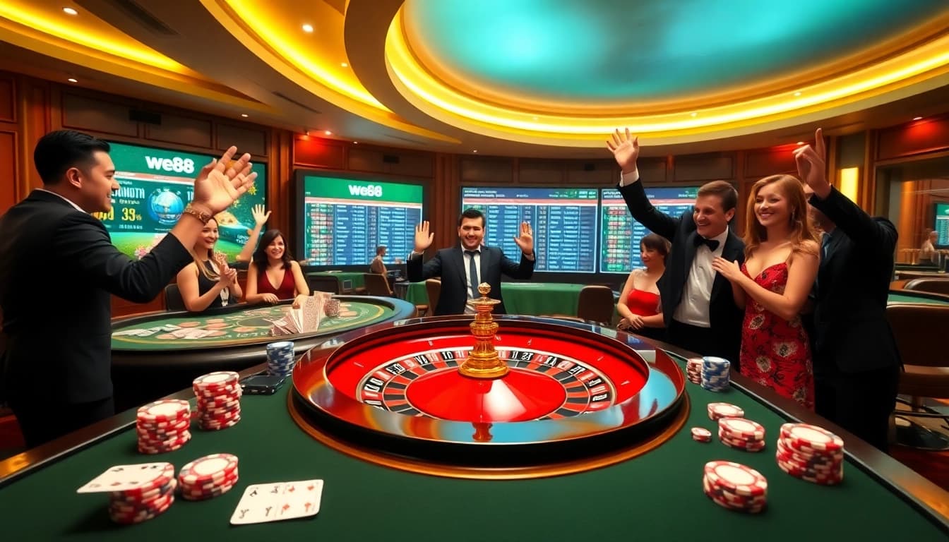 WE88 gamblers celebrating wins at a luxurious casino table with vibrant atmosphere.