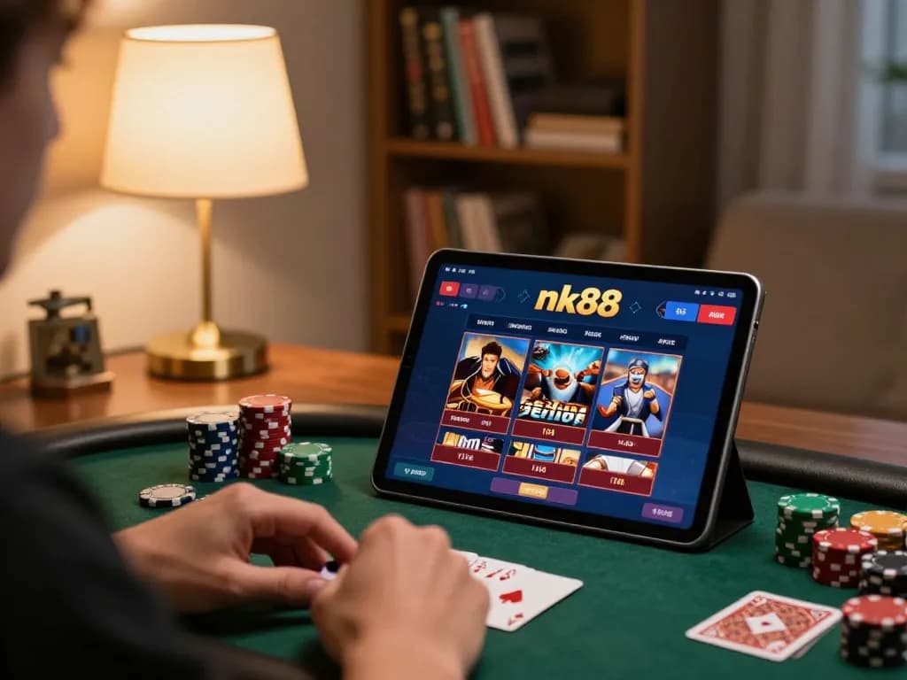 Engaging with nk88 casino app on tablet with a cozy setting
