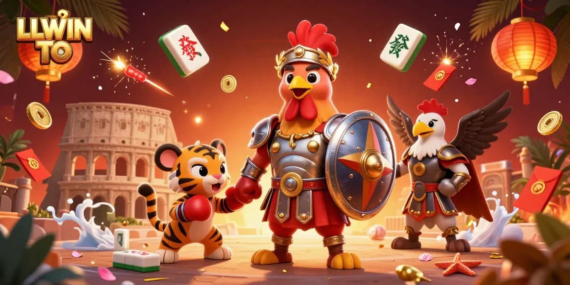 Experience thrilling moments with LLWIN TO as the gladiator rooster battles with a tiger cub in a dynamic casino scene.