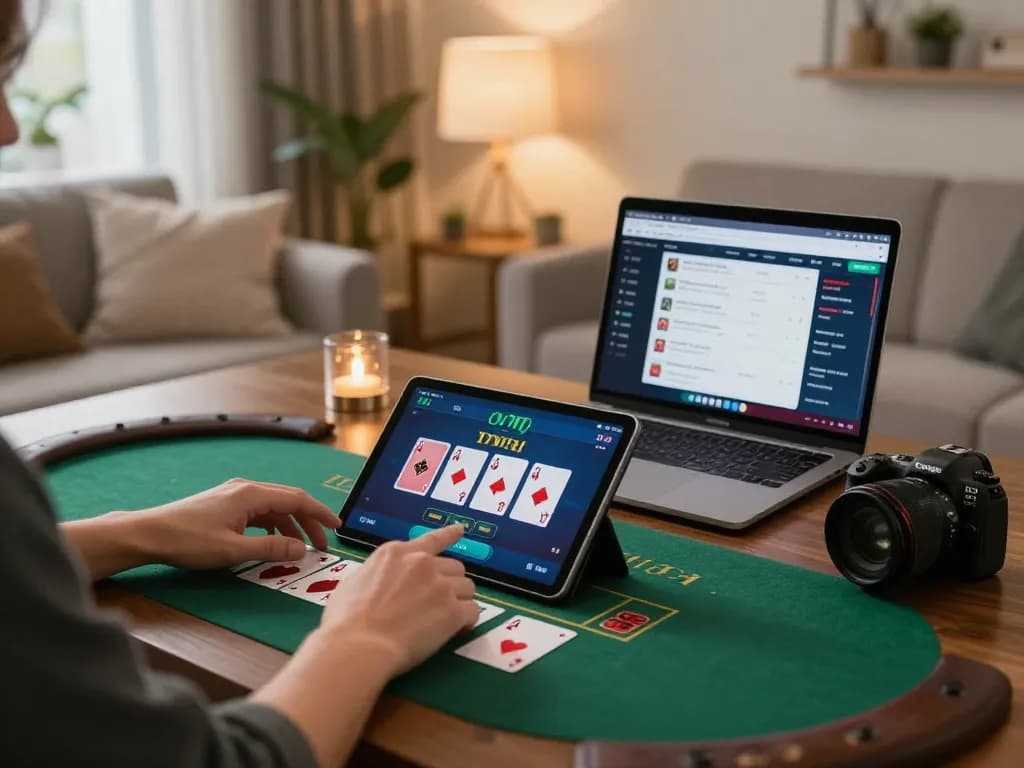 Engaging in live dealer blackjack on 79king.com in a cozy home setting, showcasing dynamic gameplay.