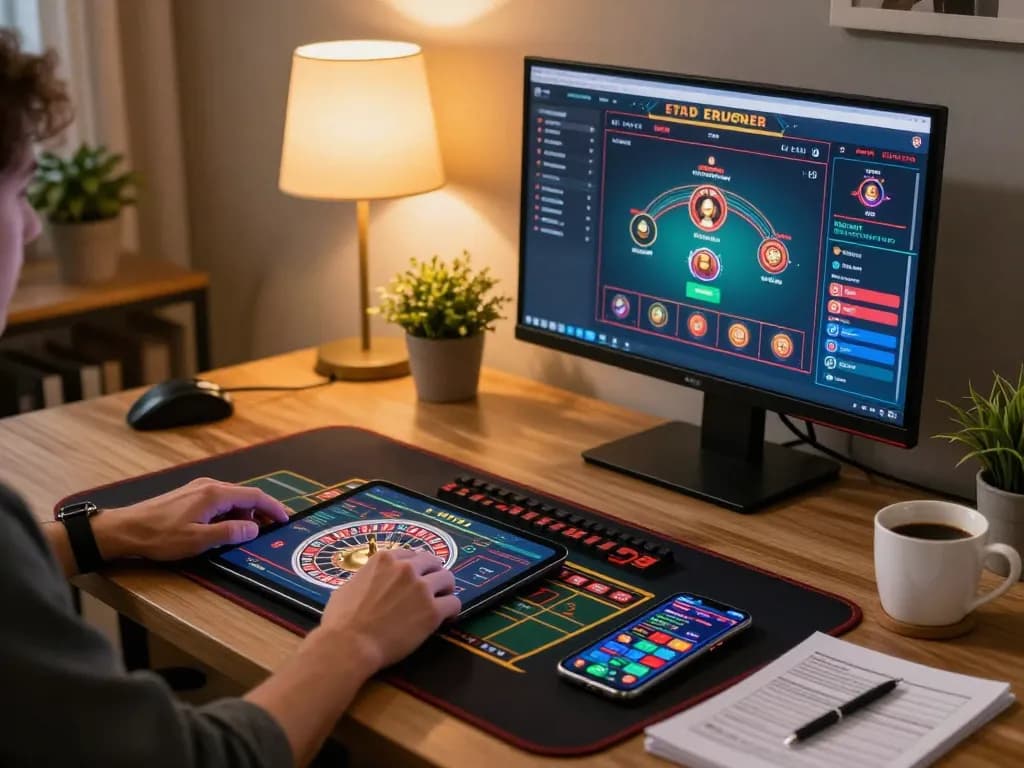 Hitclub player engaging in live dealer roulette from a stylish home office setup