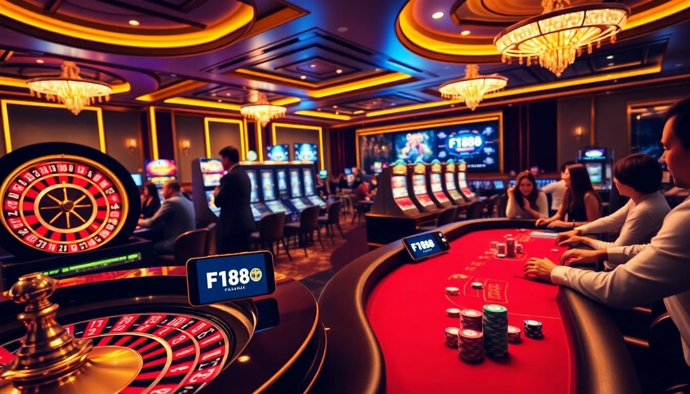 Engaging F168 online gambling scene with vibrant casino tables, chips, and excited players.