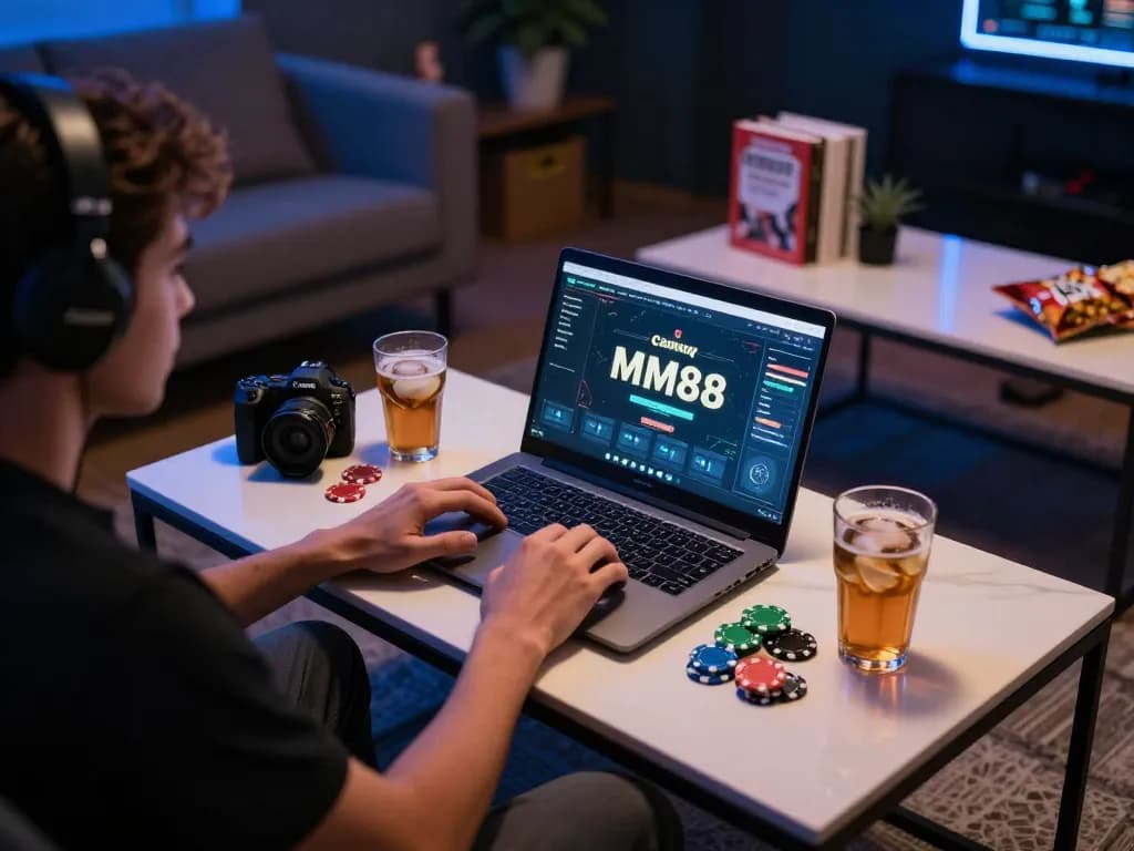 Engaging online gambling session at https://mm88.se.net/ with a laptop and cozy atmosphere.